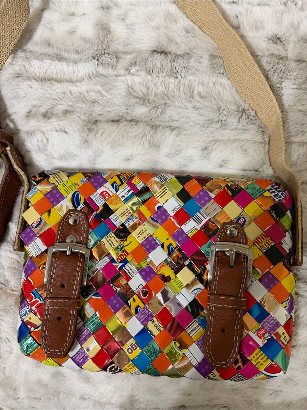 Nahui Ollin Multicolor Woven Recycled Crossbody Bag with Brown Trim